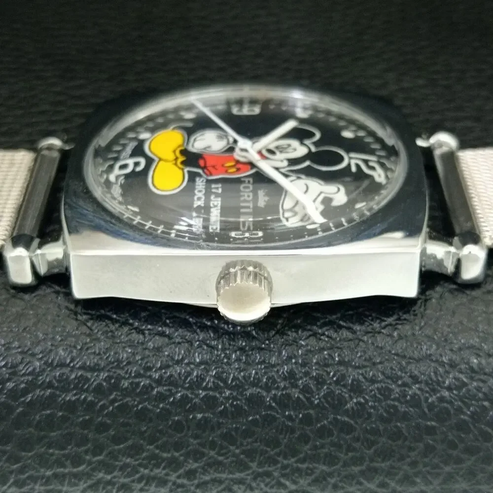 Vintage 1970 Disney Fortis Manual Mens Silver Watch W/Metal Strap & Mickey